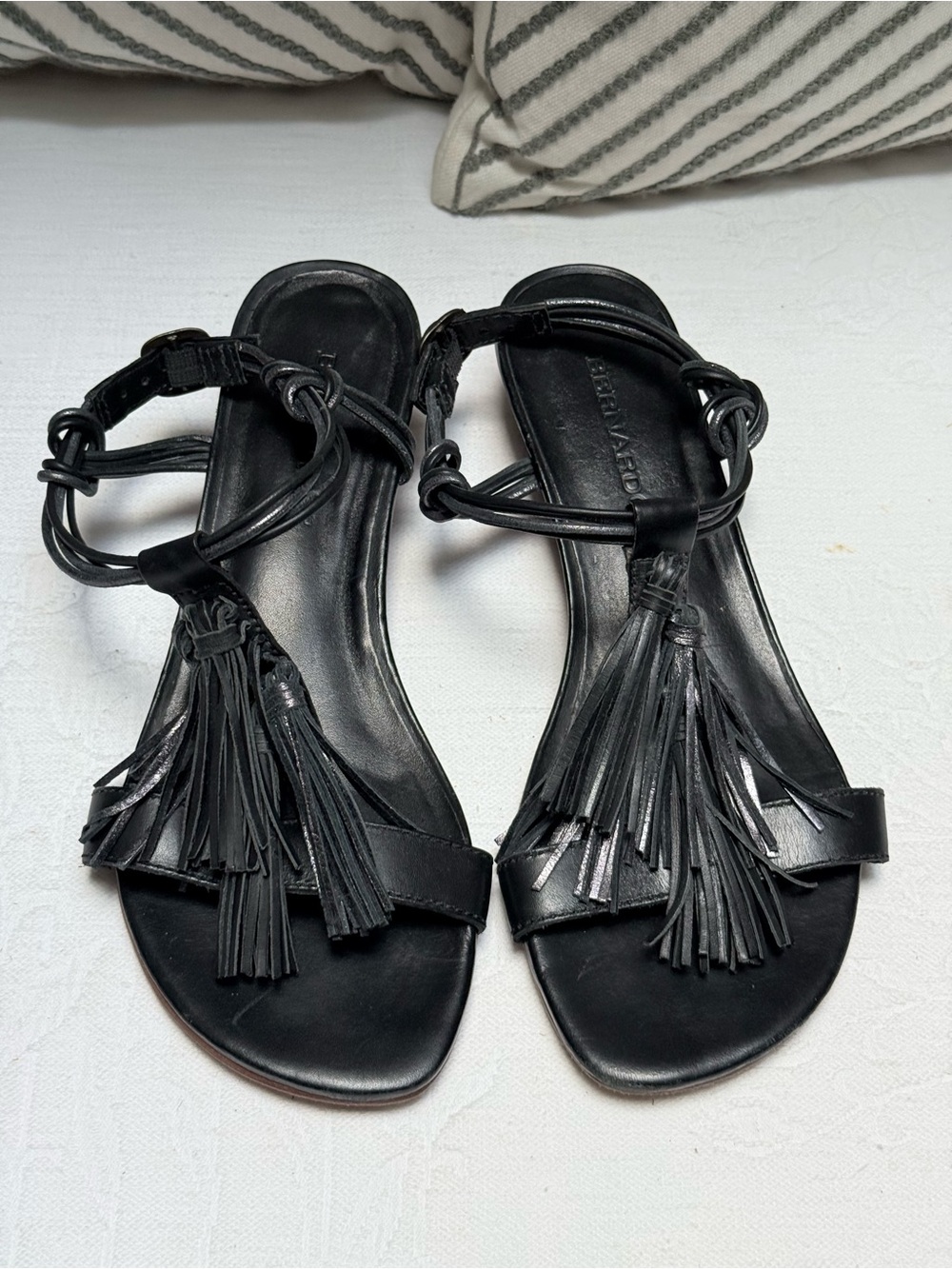 Bernardo Court Demi Black Leather Tassel Wedge Sandals